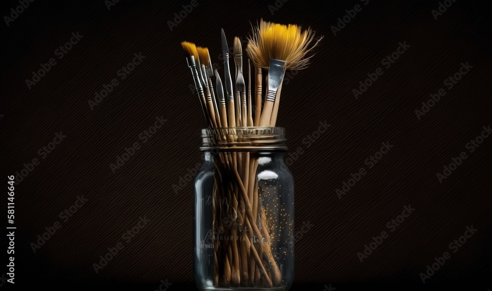 Poster a glass jar filled with lots of different sized brushes on top of a black tablecloth covered tablecl