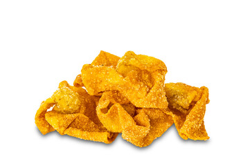Pile of crispy delicious homemade deep fried wontons isolated on white background with clipping path.