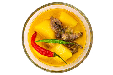 Top view of delicious homemade yellow curry with pieces of potato, beef, onion and coconut milk in white ceramic bowl isolated on white background with clipping path.