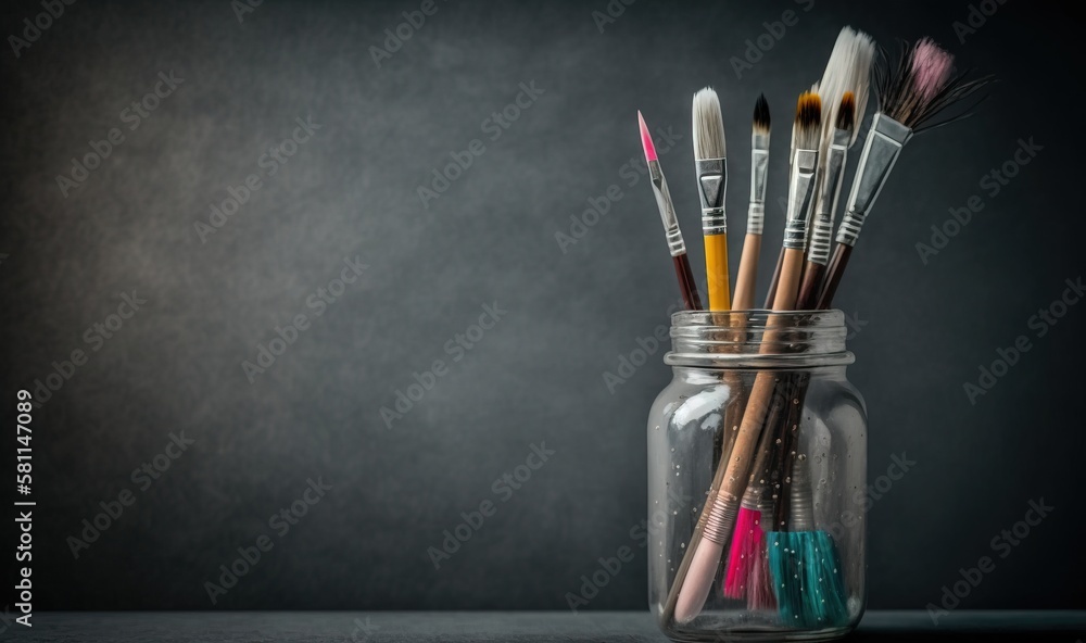 Poster a glass jar filled with lots of different colored paintbrushes and a few brushes in one of the jars 