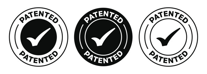 Patented icon. Black and White rounded vector stamp of a patent. isolated Patent certificate sign. suitable for Patented products or Patented technology, formulas. EPS 10 - obrazy, fototapety, plakaty