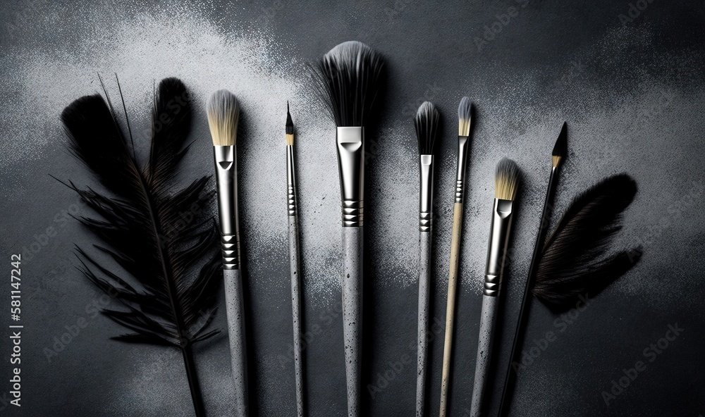 Poster  a group of brushes sitting on top of a table next to a feathery tail of some sort on a black table top with a black background.  generative ai