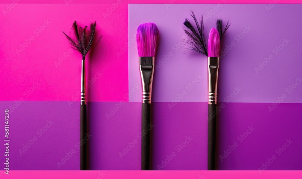 Poster three brushes with different shapes and colors on a pink and purple background with a pink and purpl