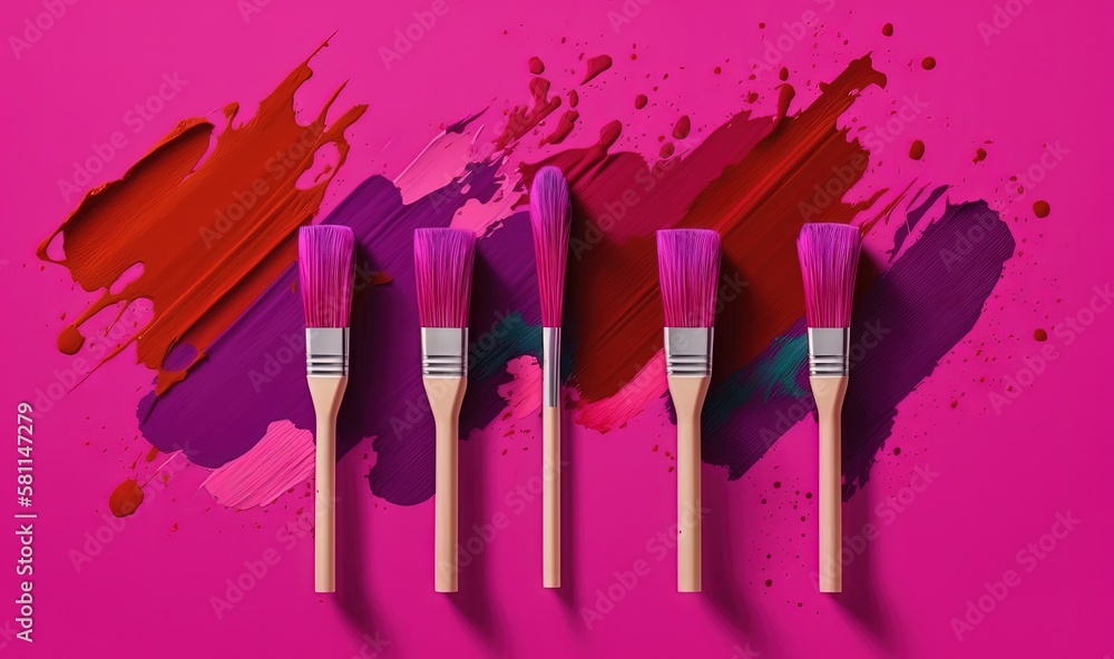 Poster four paint brushes lined up in a row on a pink background with red and pink paint splatters on the w