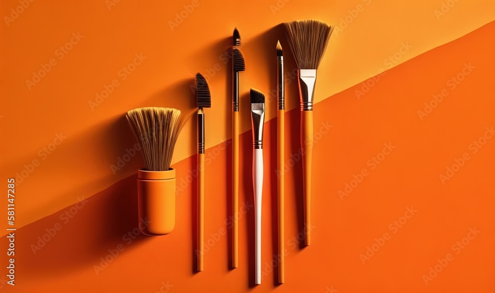Poster a group of three brushes sitting on top of an orange wall next to a cup with a straw in it and a cup