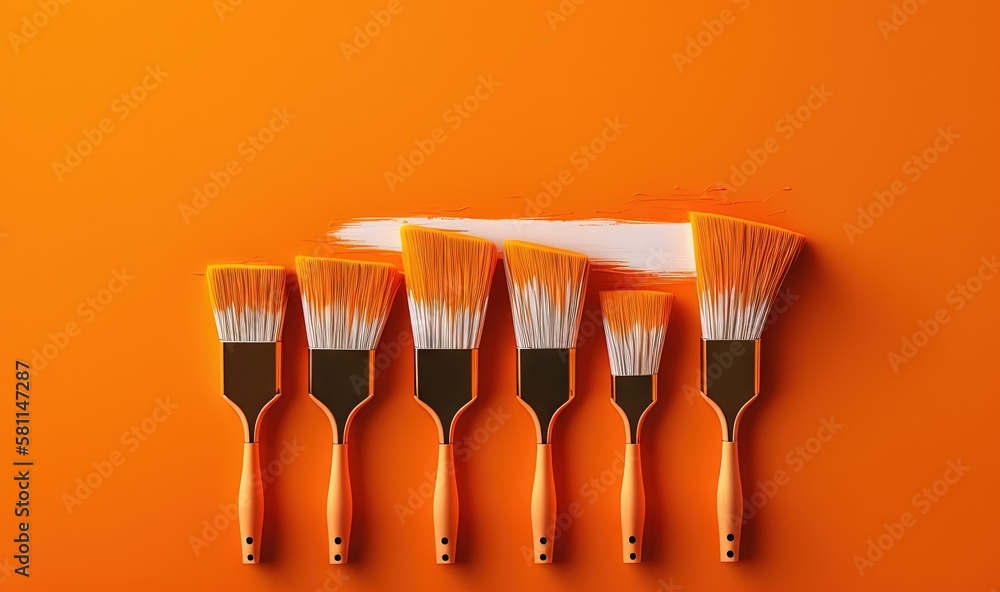 Poster five paint brushes lined up in a row on an orange background with a white strip of paint on the top 