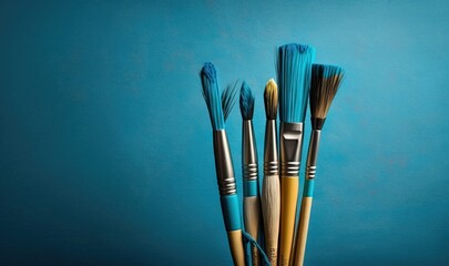  a group of blue and yellow brushes sitting in a cup on a blue surface with a blue wall in the background and a blue wall in the background.  generative ai