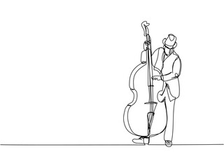 Contrabass, double bass and musician one line art. Continuous line drawing of musical, melody, violin, vintage, music, retro, symphonic, orchestra, fiddle, viola, symphony, cello, musician, string.