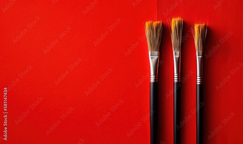 Poster three brushes on a red surface with a red wall in the background and a red wall in the foreground wi