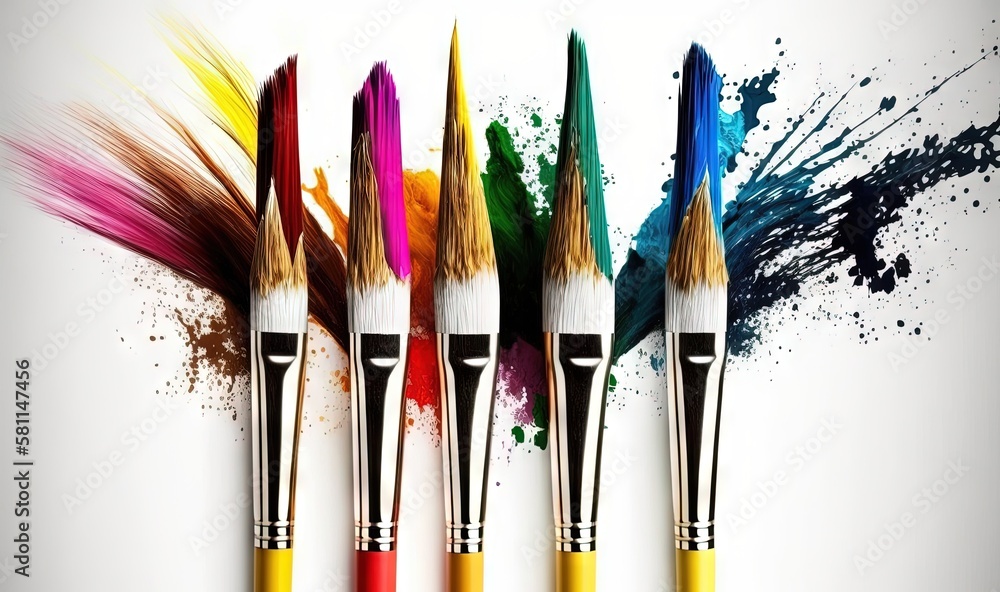Poster a row of paint brushes with different colors of paint splattered on the side of them and on the top 