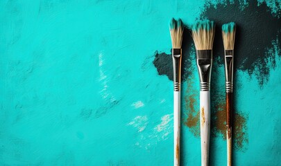  three paint brushes sitting on top of a blue surface with rusted paint on the side of the brushes and the top of the brushes.  generative ai