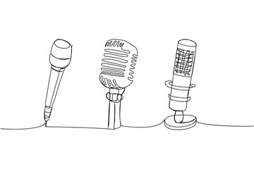 Microphone set one line art. Continuous line drawing of musical, retro, broadcasting, microphone, radio, music, karaoke, audio, sound, retro, record, broadcast, media
