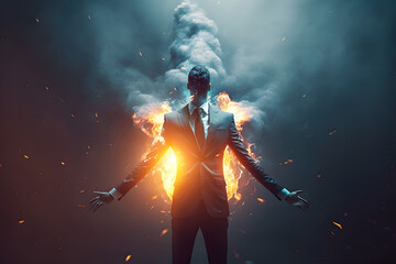Obraz premium Man in a business suit with an inflamed body hands spread wide. The concept of burnt out, mental overload, employment, stress at work, brain drain. Generative AI technology.