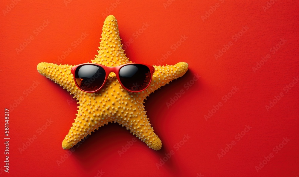 Poster  a yellow starfish with sunglasses on it's face and a red background with a red wall behind it and a red wall behind it.  generative ai