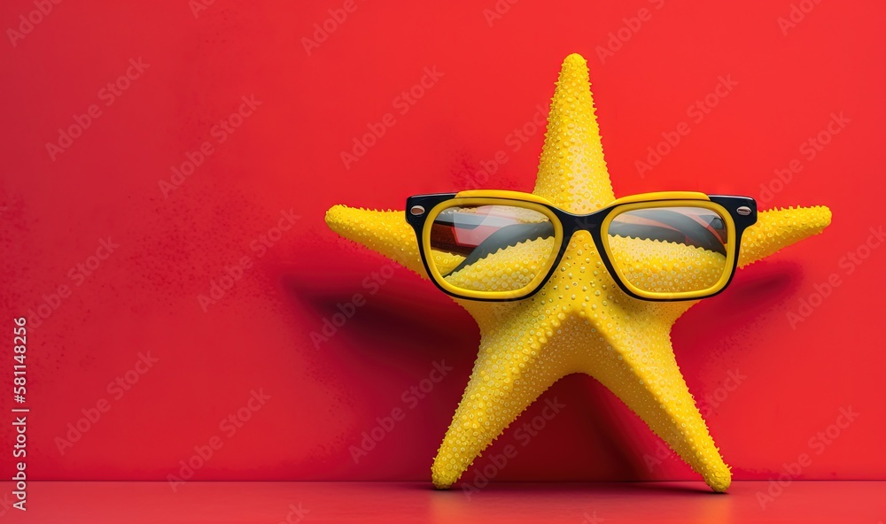 Poster a yellow starfish with sunglasses on it's face and a red background with a red wall behind it and a 