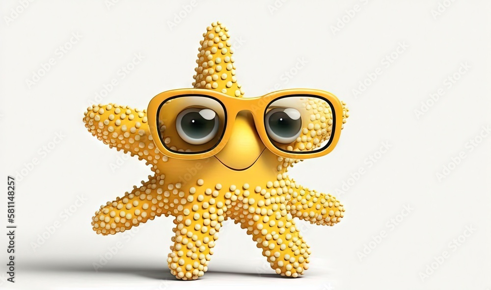 Poster a yellow starfish with glasses on it's face and eyes are shown in front of a white background with a