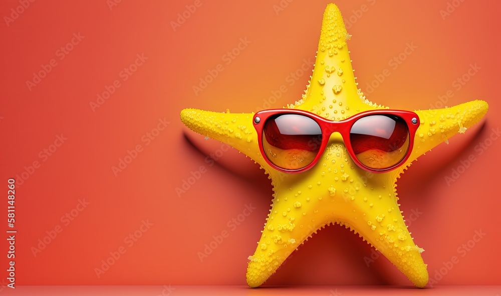 Poster  a yellow starfish with red sunglasses on it's face and a red background with a red background and a red background with a yellow starfish.  generative ai