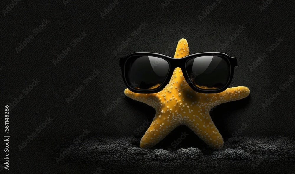 Poster a starfish with sunglasses on its head and a black background with a starfish in the middle of the f