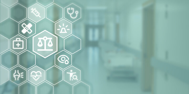 Graphic suitable as symbol image for electronic medical record as header. Icons for data, cloud, doctor, diagnosis and medical care in honeycomb in front of background image.