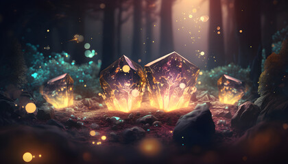 Naklejka na ściany i meble Magical iridescent crystals in dark mystery forest