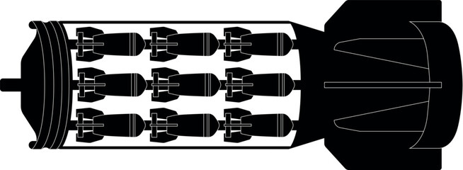 cluster munition, cluster bomb, submunition bomb a form of air dropped or ground-launched explosive weapon detailed realistic silhouette. Model RBK-500-255-PTAB-10-5, -AMC48024-1-РБК-500-255-2
