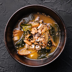 Traditional miso soup with wakame seaweeds