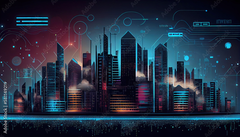 Poster smart city digital technology, internet network connection, digital marketing iot internet of things