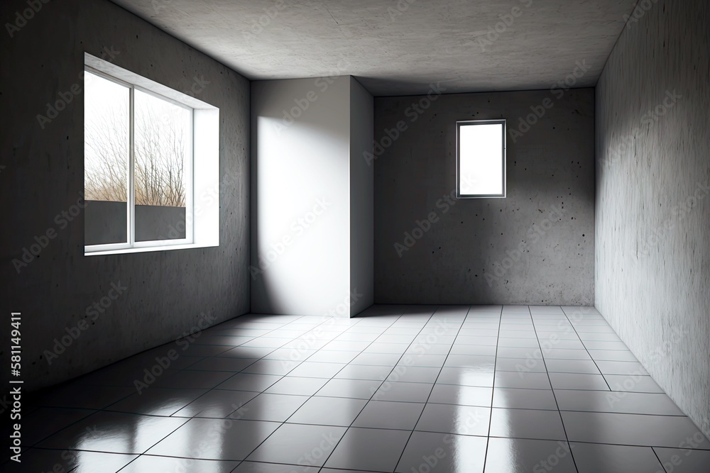 Wall mural empty room with concrete walls and floor tiles, created with generative ai