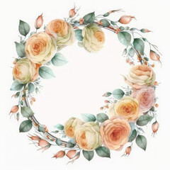 Watercolor round frame of roses. AI generative.