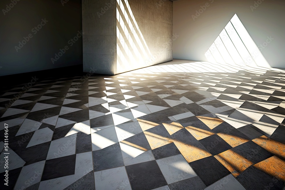 Wall mural concrete tile floor with sette rays of sunshine and shade, created with generative ai