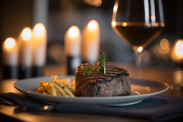 A steak on a plate with a glass of wine in the background made with generative AI