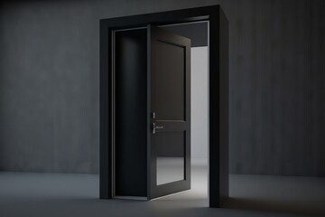 Open door in a dark room with black walls. Generative AI