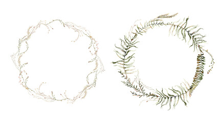 Watercolor Midsummer invitations frames with hand painted delicate leaves, pink flowers. Romantic floral wreaths perfect for wedding greeting cards, invitation. High quality illustration