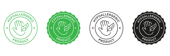 Hypoallergenic Product Stamp Set. Green and Black Labels Hypoallergenic Safety for Cosmetics. Allergen Free Stickers. Hand and Feather Icon. Approved Materials. Isolated Vector Illustrations