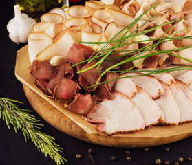 group of smoked Ham, jerky, salted biltong meat and lard