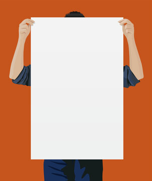 Un homme présente un panneau blanc pour afficher la communication d’une entreprise.