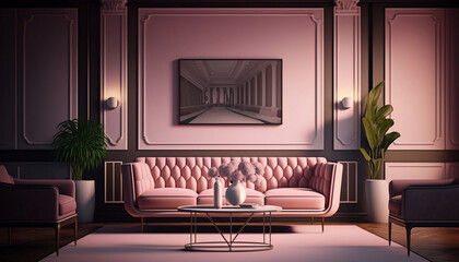 Warm Pink Living Room in Art Deco Style Rendered in Cycles 3D, Generative AI