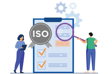 Obraz na płótnie Canvas ISO rules and regulations with character and documentary files for rules of ISO in customer safety and customer satisfaction in ISO official legislations for stamp and documents vector eps