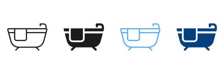 Bath Silhouette and Line Icon Set. Bathtub with Tap and Towel Black and Color Pictogram. Bathroom Symbol Collection. Isolated Vector Illustration