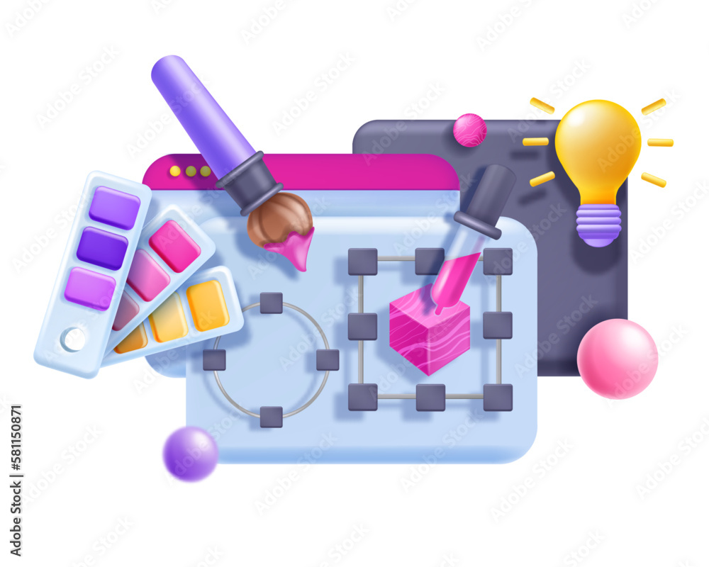 Poster 3d website design concept, vector ui ux page redesign illustration, interface design tools, palette.