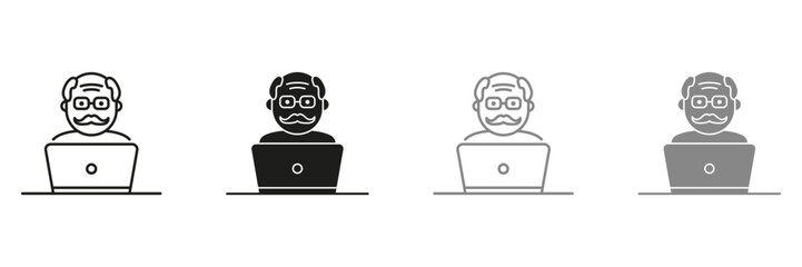 Old Senior Man Influencer Silhouette and Line Icon Color Set. Positive Retired Blogger Creating Content Pictogram. Elder Person with Computer Symbols on White Background. Isolated Vector Illustration