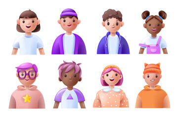 3D kid avatar set, school teen boy girl cartoon character, vector young child face icon cute smile. Diverse kindergarten head collection, happy student team portrait profile clipart. Kid avatar kit