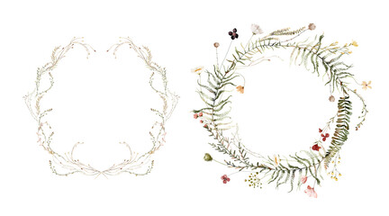 Watercolor Midsummer invitations frames with hand painted delicate leaves, pink flowers. Romantic floral wreaths perfect for wedding greeting cards, invitation. High quality illustration