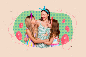 Collage photo easter holiday celebration concept of young mother embracing her little daughters...