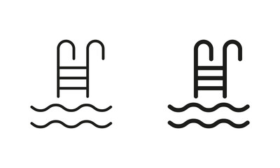 Swimming Pool Ladder Silhouette and Line Icon Set. Stairs for Swim Pool Black Sign. Summer Vacation, Relaxation, Sport Exercise, Active Rest in Pool Symbol Collection. Isolated Vector Illustration