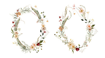 Watercolor Midsummer invitations frames with hand painted delicate leaves, pink flowers. Romantic floral wreaths perfect for wedding greeting cards, invitation. High quality illustration