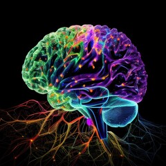 Obraz premium Electric Mind: A Neon Neural Network on a Human Brain