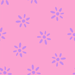 Pink seamless pattern with purple hand drawn flowers