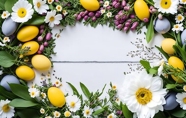Easter background with Easter eggs on white table, flower arrangement, flower frame with plants, generated IA 