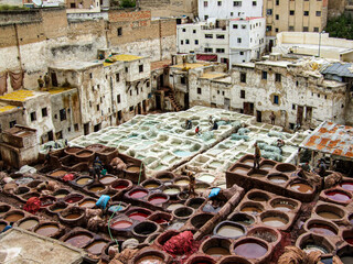 Dyeing textiles in Fez, Morocco